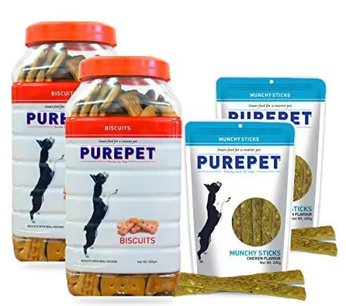 Purepet Treat Combo Offer - Chicken Flavor Biscuit Jar (2 x 455g) + Munchy Sticks, Chicken Flavor (2 x 400g) - Pack of 4 For Cheap